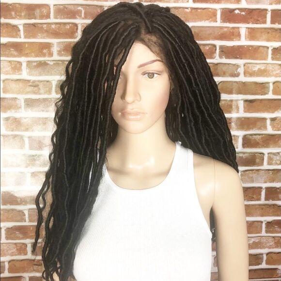Bohemian Black Wavy Curly Faux Loc Lace Front Wig
